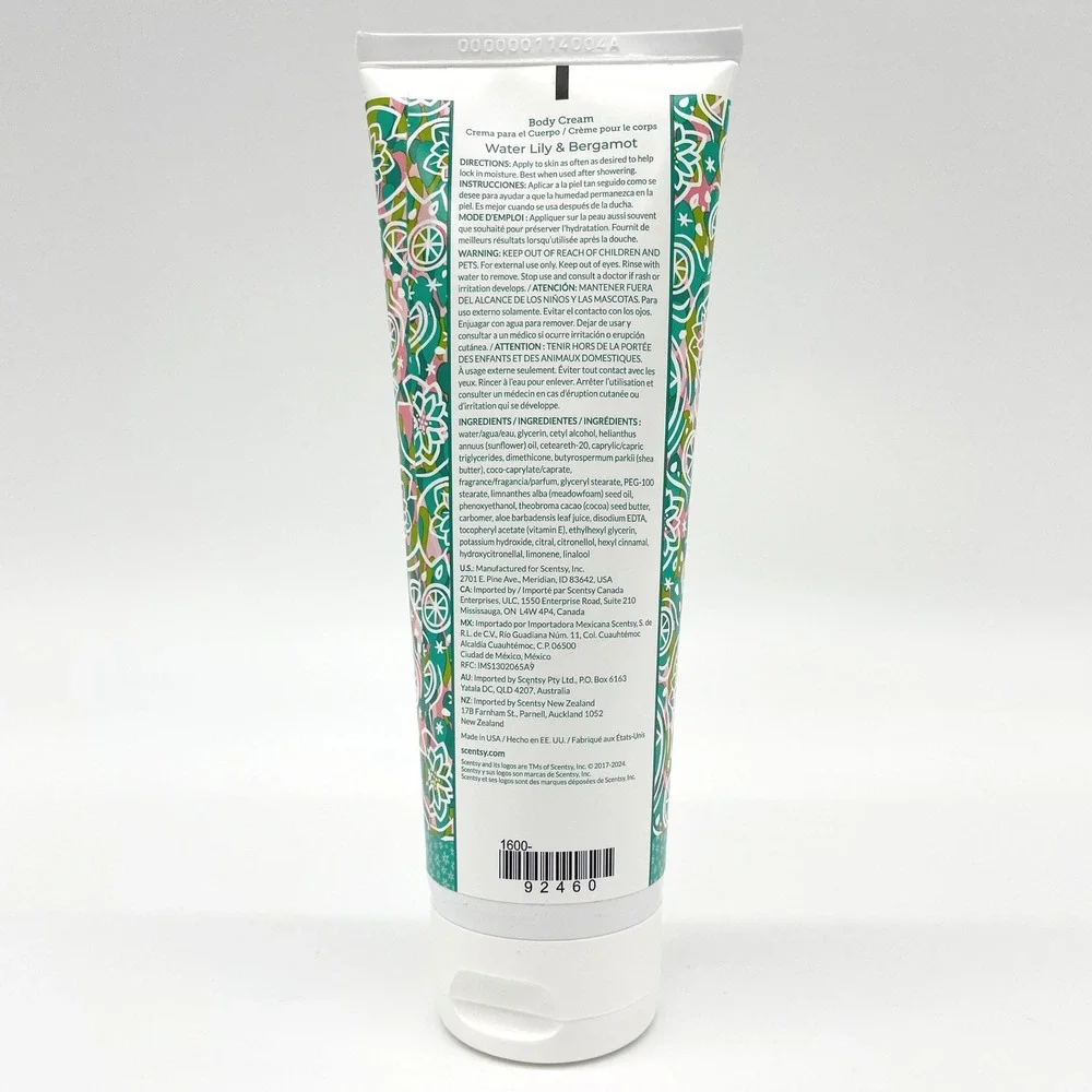 Scentsy Water Lily And Bergamot Body Cream‎ 8oz Aloe Sunflower Oil Spa Pampering